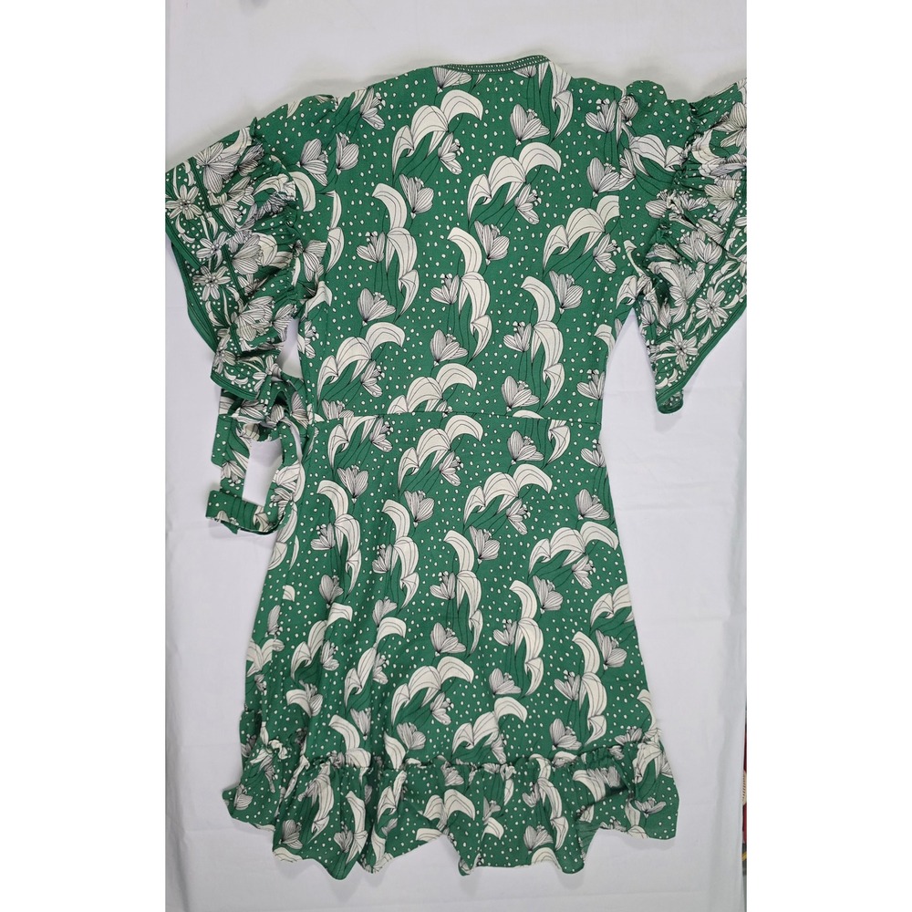 MaxStudio Green Floral Polka Dot Ruffle Wrap Dress Flutter Sleeve 8912C60 Medium - Picture 12 of 16